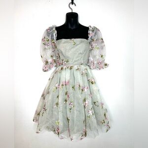 SHEIN Women's Dress L Embroidered Floral Puff Sleeve Tulle Coquette Princess
